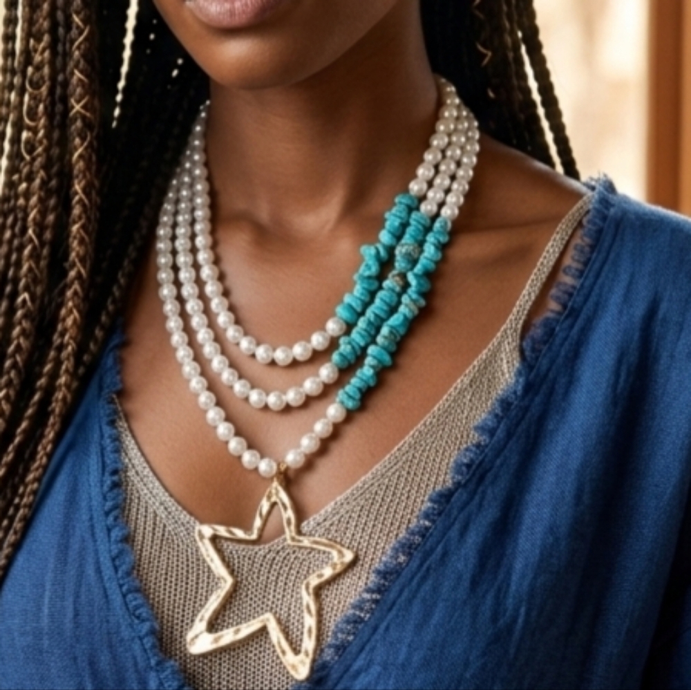 Gold Star Pendant Necklace with Pearls and Turquoise